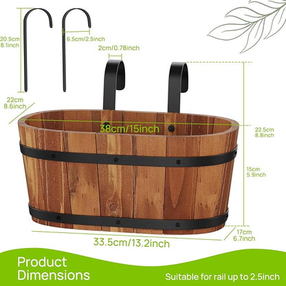 2PACK Wooden Cute Hanging Flower Pots for Railing Fence Outdoor Planter Railing Planter Boxes for Plants Wall Planters Window Flower Box Hanging Bucket Pots Countryside plant Holder (Brown,2pcs,Large)