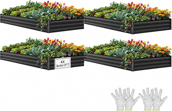 YITAHOME 4pcs 8x4x1ft Galvanized Raised Garden Bed, Metal Planter Box with Safety Rubber, Gloves, Outdoor Flower Bed for Planting Plants Vegetables, Black