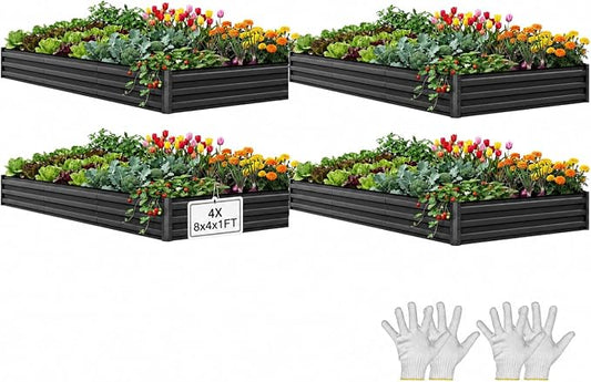 YITAHOME 4pcs 8x4x1ft Galvanized Raised Garden Bed, Metal Planter Box with Safety Rubber, Gloves, Outdoor Flower Bed for Planting Plants Vegetables, Black