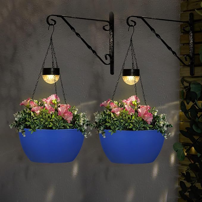 BAYN 2 Packs Solar Hanging Basket Planters for Plants Outdoor | Self Watering, Blue Flower Pots with Solar Light , Hanging Planters with Drainer for Balcony Patio Garden Decoration