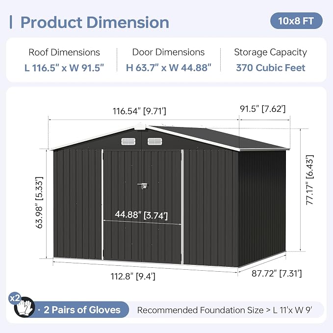 10x8FT Outdoor Storage Shed Black | Metal Garden Tool Shed with Sloping Roof & Lockable Door for Garden, Patio, Backyard