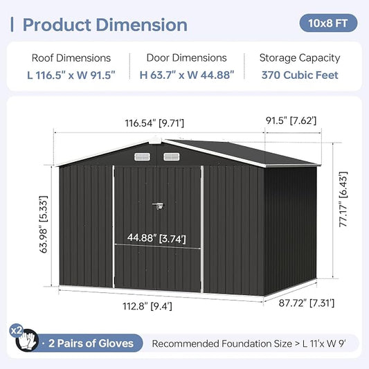10x8FT Outdoor Storage Shed Black | Metal Garden Tool Shed with Sloping Roof & Lockable Door for Garden, Patio, Backyard