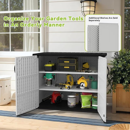 Devoko 26 Cu Ft Resin Outdoor Storage Cabinet, White | Horizontal Plastic Storage Shed with Lockable Door, Water-Resistant Backyard Storage Box for Garden Patio, Shelf Not Included
