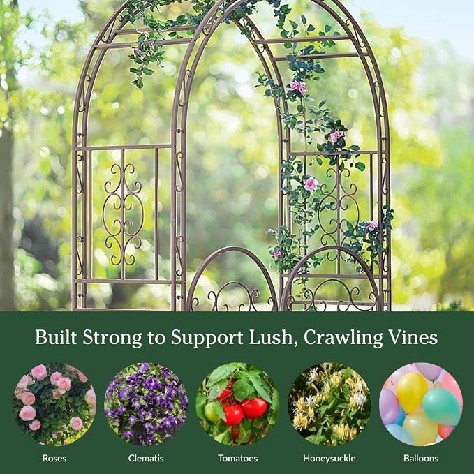 Plow & Hearth Arch Metal Outdoor Garden Arbor Double Gate | Montebello | 7 Feet Tall | Gunmetal Black | Steel Iron Trellis Lattice Climbing Plants & Heavy Vines