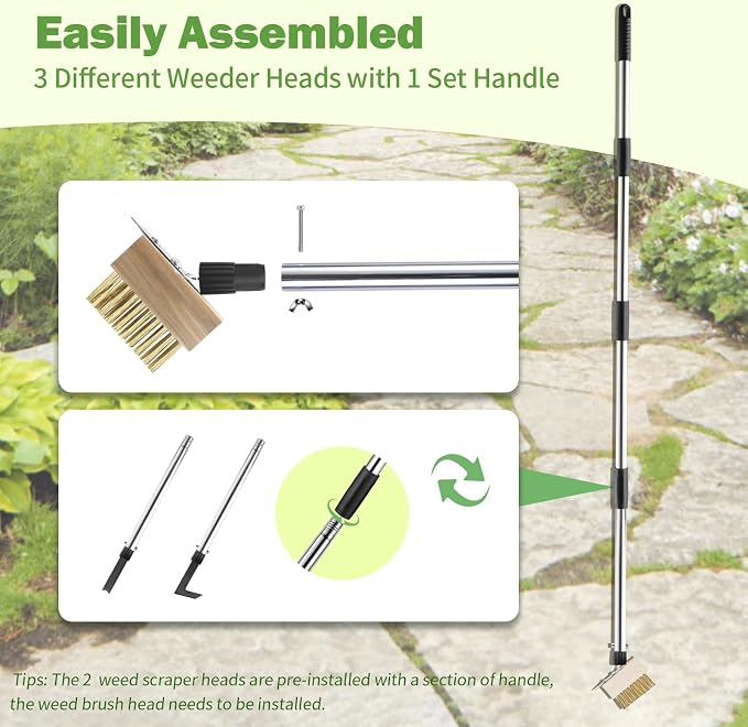 Crack Weeder Tool Set, Weed Scraper Tool Moss Brush Scraper Set Combo, 60" Crevice Weeding Tool for Sidewalk Cracks, 3 Different Weed Remover Tool Heads for Driveways, Patios, Pavers, Garden Cracks