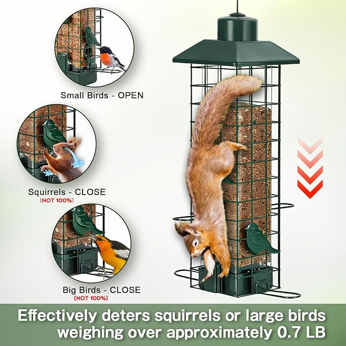 Gbekery Squirrel Proof Bird Feeder, Metal Mesh Feeders for Outdoors Hanging, Gravity Protection Wild Bird Feeders for Finch Chickadee, Weather Resistant, 3LB Large Capacity, Green