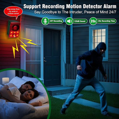 ChunHee Solar Outdoor Motion Sensor Alarm with Dog Barking Gunshot Sound, Support Recording and Adjustable Volume, 130db Loud Noise Maker 3 Work Modes Strobe Light for Home, Villa, Farm, Barn (1pack)