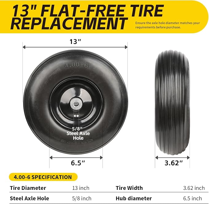 MaxxHaul 13" No Flat Solid Rubber Tire Maintenance Free 4.00-6 Replacement Wheel for Wheelbarrows and Garden Wagons Heavy Duty Steel Rim with 5/8 Inch Ball Bearing Puncture Proof (51079)