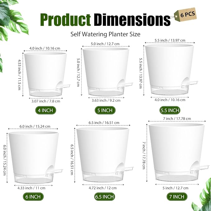 Plant Pots 4/5/5.5/6/6.5/7 Inch Self Watering Pots, 6 Pack Plastic Planters with Drainage Holes and Clear Saucers,Plastic Flower Pots,Nursery Planting Pot for Indoor Out Door Plants(White)