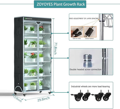Indoor Greenhouse 6-Tier Plant Rack with Cover & 5 T8 Grow Lights | Thermometer & Timer – Seedlings, Flowering, Herbs & Vegetables, Indoor Gardening, Easy Assembly 30"W x 14"D x 72"H