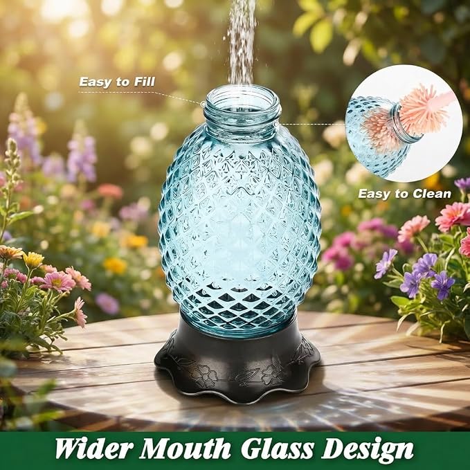 Fchstaer Glass Hummingbird Feeders for Outdoors Hanging 16oz 2 Pack Blue Pineapple Bee & Ant Proof 360°Perch Leakproof Easy Clean with 6 Feeding Ports Gifts for Mom