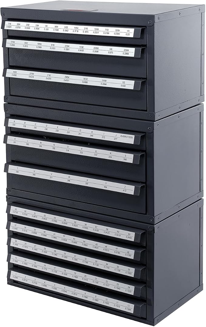 VEVOR Drill Bit Dispenser Cabinet Set, Three-Drawer for 1/16" to 1/2" & Letter Sizes A to Z, Five-Drawer Drill Bit Organizer for Wire Gauge Sizes #1 to #60, 3 Pieces