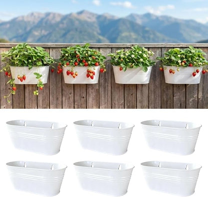 LaLaGreen Wall Planter (9.8 Inch, 6 Pack) White Oval Metal Pot Hanging Decor Flower Railing Fence Pots Mounted Indoor Plant Holder Porch Decorations Drainage Garden Plants Planters Balcony Home Yard