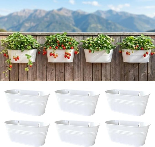 LaLaGreen Wall Planter (9.8 Inch, 6 Pack) White Oval Metal Pot Hanging Decor Flower Railing Fence Pots Mounted Indoor Plant Holder Porch Decorations Drainage Garden Plants Planters Balcony Home Yard