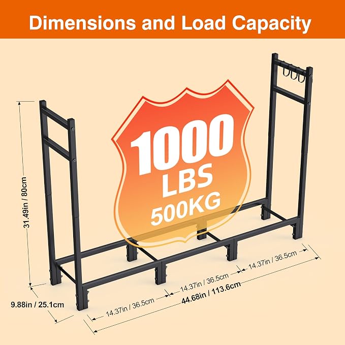 Firewood Rack Outdoor, 44.7" x 9.8" x 31.5", Black | Adjustable Wood Holder, 4 Hooks, Heavy Duty Log Rack, Indoor/Outdoor Firewood Storage