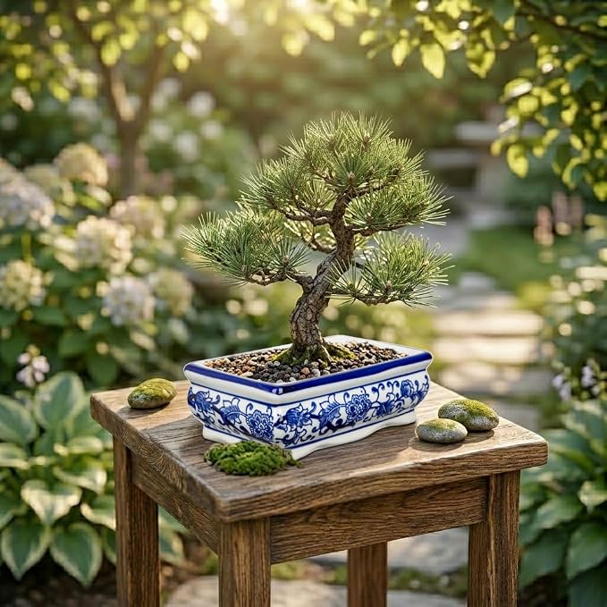 Set of 2 Blue & White Ceramic Bonsai Pots, 7.4" & 4.9" Rectangular Bonsai Planters Pots with Drainage for Outdoor Decor, Small Shallow Bonzie Tree Pot for Succulents, Cacti, Orchids, Herbs Plant Pot