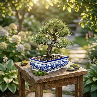 Set of 2 Blue & White Ceramic Bonsai Pots, 7.4" & 4.9" Rectangular Bonsai Planters Pots with Drainage for Outdoor Decor, Small Shallow Bonzie Tree Pot for Succulents, Cacti, Orchids, Herbs Plant Pot