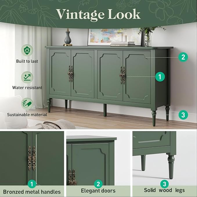 RoyalCraft Sideboard Buffet Cabinet with Storage, 59" Mid Century Modern Credenza with 4 Doors, Coffee Bar Wine Bar Storage Cabinet with Artistic Carved Handle for Living Room, Dining Room, Green