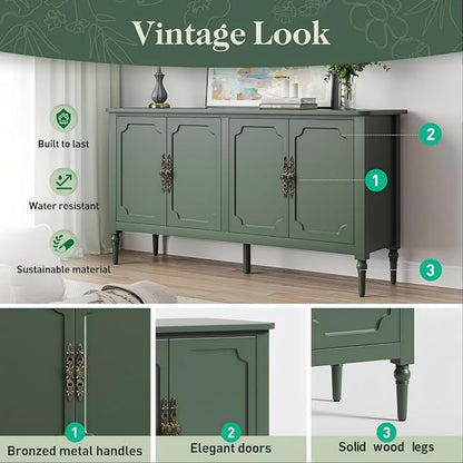 RoyalCraft Sideboard Buffet Cabinet with Storage, 59" Mid Century Modern Credenza with 4 Doors, Coffee Bar Wine Bar Storage Cabinet with Artistic Carved Handle for Living Room, Dining Room, Green