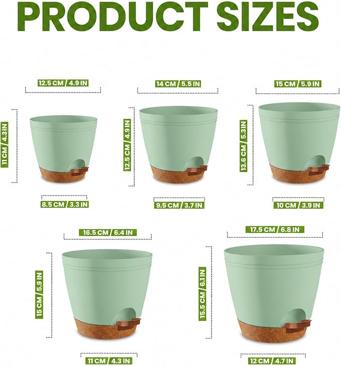 Utopia Home Self Watering Pots for Indoor Plants, Planters for Indoor Plants, Multi-Size Flowerpot, Set of 5 Plant Pots with Drainage & Reservoir, 6.8"/6.4"/5.9"/5.5"/4.9" (Olive Green)