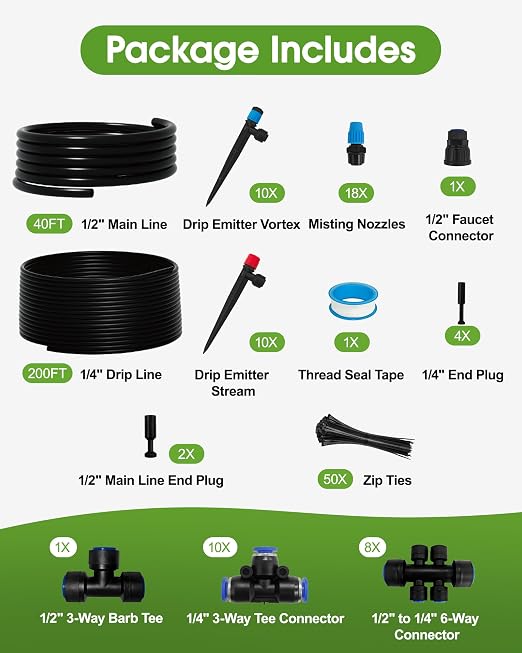 240FT Drip Irrigation System Kit, Quick-Connect Garden Watering System with 20FT 1/2" Main Line & 200FT 1/4" Tubing, 3 Adjustable Emitters for Raised Beds, Greenhouse, Lawn, Patio