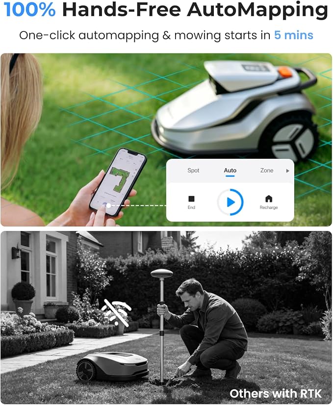 V1000 Robot Lawn Mower with Garage, Max 0.3 Acre, No Wire/RTK, Auto Mapping | Triple-Camera AI Vision Navigation and Obstacle Avoidance, Smart App Control, Multi-Zone Management for Complex Gardens