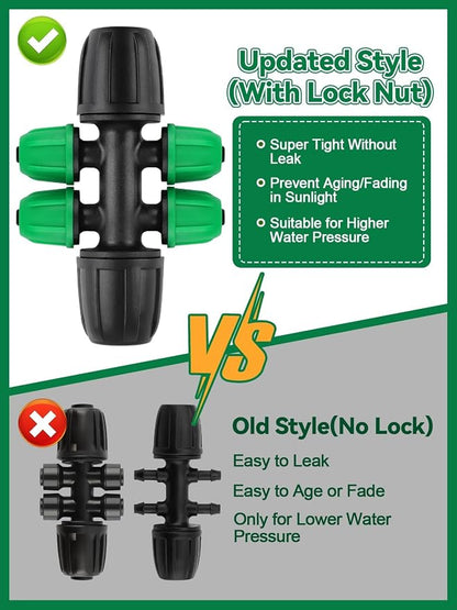 Kalolary 20PCS Locked Barbed Tee Connectors, 5/16" to 1/4" Drip Irrigation Fittings Kit 8/12mm to 4/7mm Tube Lock Female Connector 6-Way Barbed Lock Irrigation Parts for Watering System (Black Green)