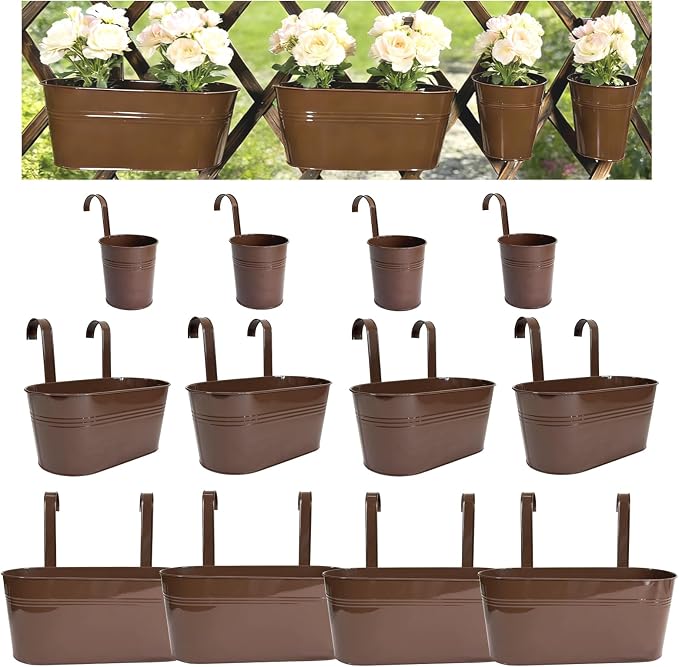 Set of 12 Balcony Hanging Planters, 4 Pcs 17" Metal Railing Flower Pots & 4 Pcs 12" Deck Planter & 4 Pcs 4" Fence Pot for Outdoor Patio Garden Décor, Chocolate