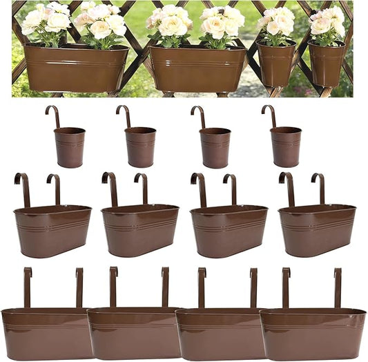 Set of 12 Balcony Hanging Planters, 4 Pcs 17" Metal Railing Flower Pots & 4 Pcs 12" Deck Planter & 4 Pcs 4" Fence Pot for Outdoor Patio Garden Décor, Chocolate
