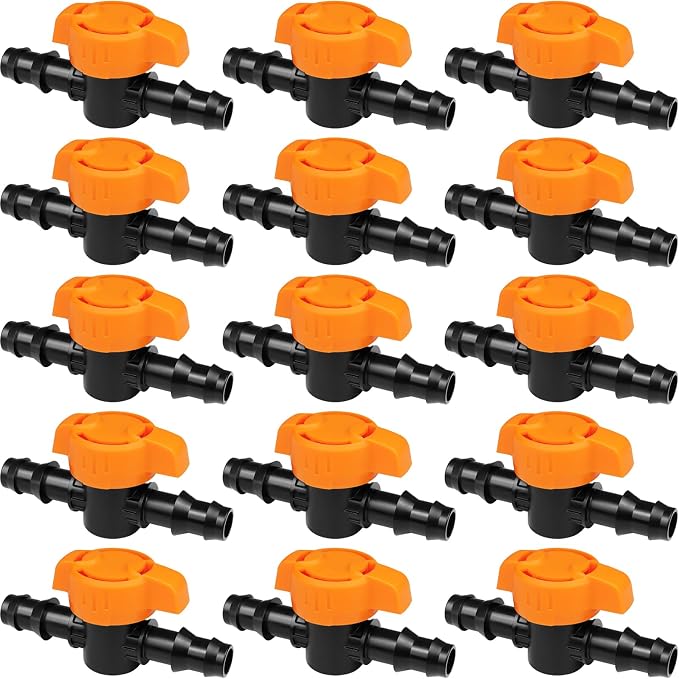 1/2 Inch Drip Irrigation Barbed Valve, 15 Pcs Barbed Switch Valves Drip Line Parts for 1/2" Drip Tubing (.570-.620" ID), 1/2 in. in-line Barbed Shut Off On Valve for Garden Irrigation System
