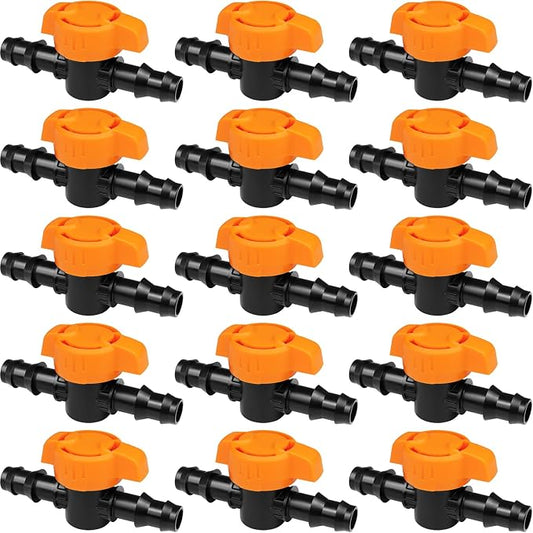 1/2 Inch Drip Irrigation Barbed Valve, 15 Pcs Barbed Switch Valves Drip Line Parts for 1/2" Drip Tubing (.570-.620" ID), 1/2 in. in-line Barbed Shut Off On Valve for Garden Irrigation System