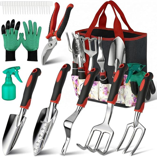 Garden Tools Set, 30 Piece Stainless Steel Gardening Kit with Vintage Floral Tote Bag, Non-Slip Ergonomic Rubber Handle, Ideal Gift for Women & Beginners, for Succulent, Home Garden, Mothers Day Gifts