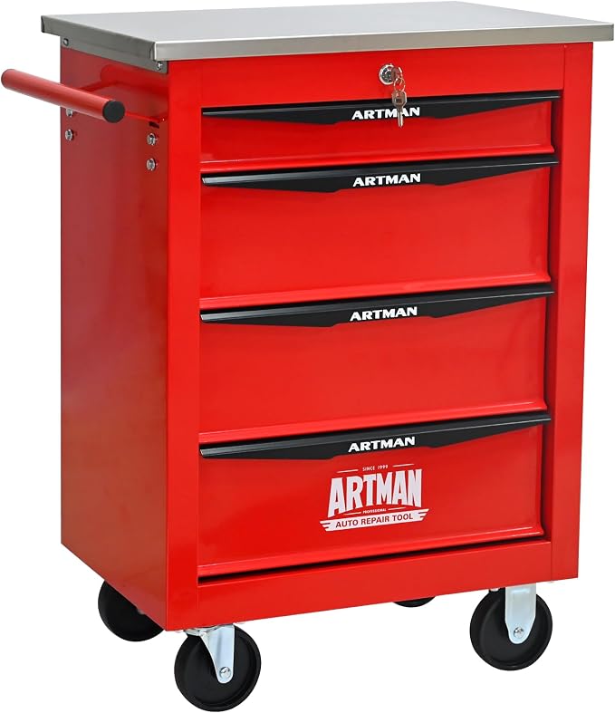 KEIKI 4 Drawers Tool Cart on Wheels,Multifunctional Rolling Tool Chest Tool Storage,Drawers Rolling Tool Trolley Organizer Tool Case for Garage, Warehouse, Workshop, Repair Shop (Red)
