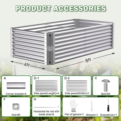 8x4x2ft Raised Garden Bed, Deep Root Planter Box, Silver,1 Pack | 1mm Thick Galvanized Steel, Resists Rust Bowing, Easy Assembly, Ideal Deep-Root Growing Condition for Broccoli,Beans,Tomatoes