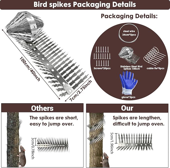 Bird spikes deterrent for outside Stainless Steel 360°Bend 100cm with Accessories, Anti Climb Spikes to Keep Birds- Pigeon-Racoon-Squirrel-Cat Away from porch baffle feeder yard patio garden Fence
