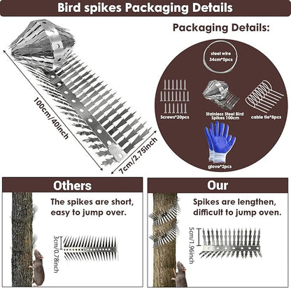 Bird spikes deterrent for outside Stainless Steel 360°Bend 100cm with Accessories, Anti Climb Spikes to Keep Birds- Pigeon-Racoon-Squirrel-Cat Away from porch baffle feeder yard patio garden Fence
