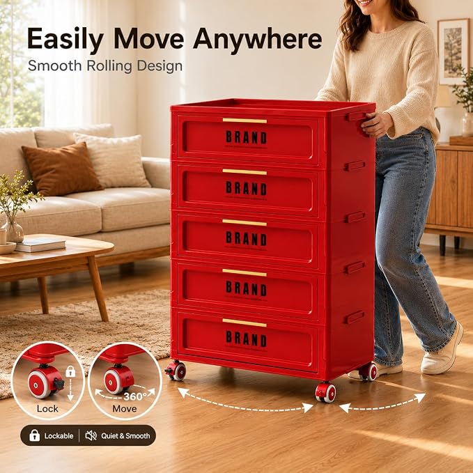 Foldable Storage Cabinet with Doors & Locking Wheels, 5-Tier Large-Capacity Organizer, No-Tool Setup, Impact-Resistant ABS Construction for Dorm, Pantry, Laundry, and Living Spaces