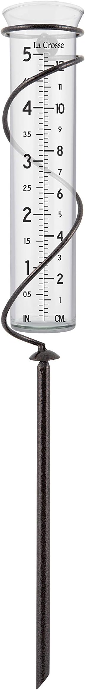La Crosse 704-08967-INT Original Handcrafted Colombian Metal Finish Spiral Rain Gauge with 5-inch Capacity Glass Rain Garden Tube