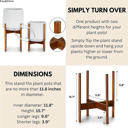 Fox & Fern Mid Century Plant Stand — 11.8 Inch Fixed Size Wooden Plant Stand for Indoor Planters (Not Included) - Large Flower Pot Holder for Indoor Big Pots - Plug In Design - Two Heights - Acacia