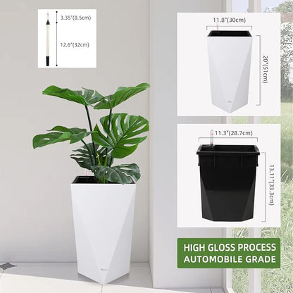 Dexceder 20 Inches Self Watering Tall Planter (White) | Diamond High Gloss, Thickened Rhombus Large Floor Standing Flower Plant Pot with Water Level Indicator Indoor Outdoor