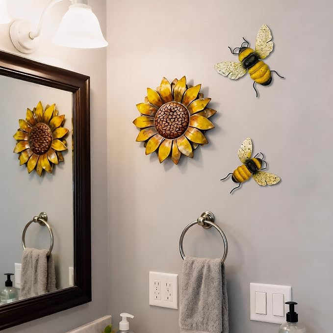 Metal Bee Outdoor Wall Decor - 2Pcs Bee Wall Art Garden Decor, Bumble Bee Decorations for Home, Yard Art Fence Decorations Outdoor