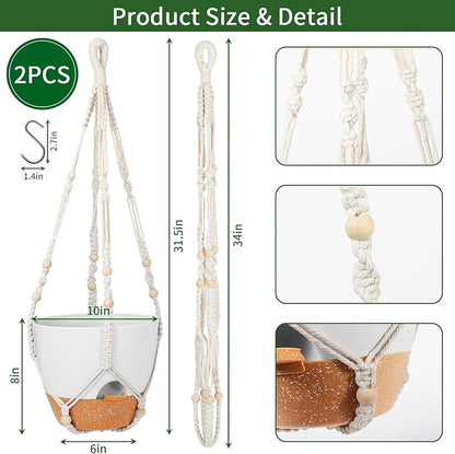 GARDIFE 10 Inch Hanging Planters with Macrame Plant Hanger for Indoor and Outdoor Plants, 2 Pack Large Self Watering Hanging Plant Pot with Basket Flower Pot with Drainage Hole, White