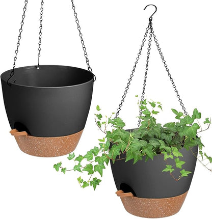 Vanslogreen Hanging Planters for Indoor Outdoor Plants, 2 Pack Self Watering Hanging Pot with Drainage Holes & Removable Tray (Black, 10'')