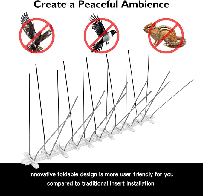 Pre-Assembled Bird Spikes Foldable Stainless Steel Spikes with Polycarbonate Base Pigeon Spikes Fence Kit for Small Bird Crows Woodpeckers (12 Strips 9.84 Feet)