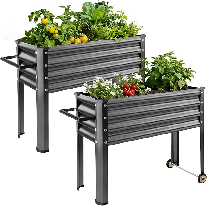 Land Guard 2 Pack Galvanized Raised Garden Bed with Legs & Wheels, 48×18×32in Metal Elevated Raised Planter Box for Backyard, Patio, Balcony, 500lb Capacity, Dark Grey