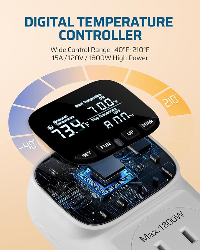 DEWENWILS Digital Temperature Controller, 2 Pack15A/1800W Thermostat Outlet Plug, VA Display Heating Cooling Control Timer, -40℉~210℉, Cyclic Timing/Countdown, for Cooling Fans and Heater