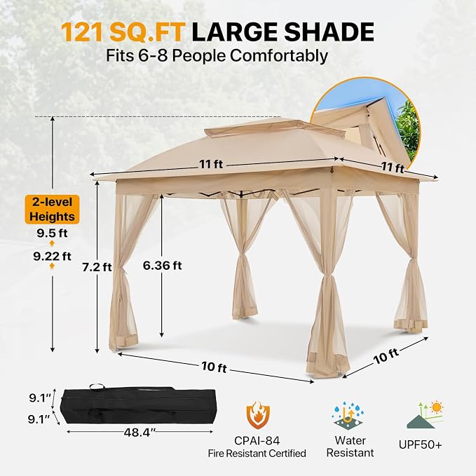 COOS BAY 11x11 Pop Up Gazebo with Mesh Netting, Instant Outdoor Canopy Tent, Water Resistant Shelter with UPF 50+ UV Protection, 121 Sq Ft Coverage, Khaki