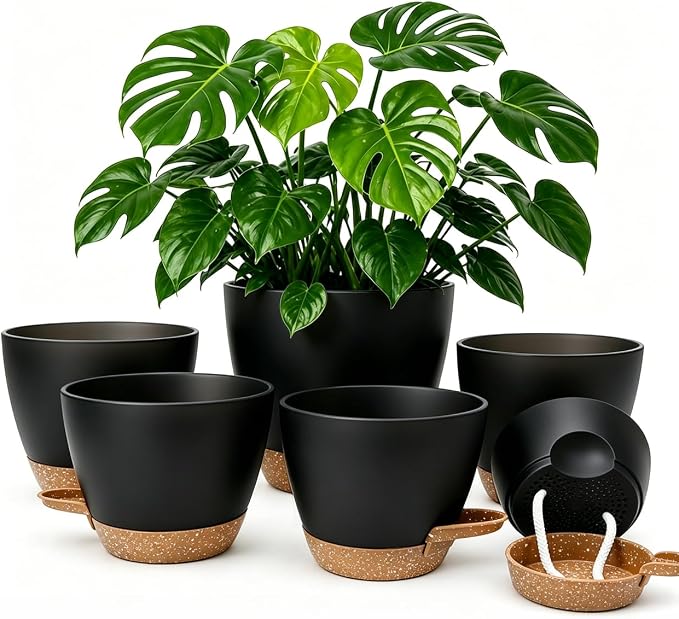 Plant Pots for Indoor 9/8/7/6.5/6/5 Inch, Self Watering Planter Pots with Drainage Holes and Saucers, 6Pcs Plastic Flower Pots for Indoor & Outdoor Plants（Black）