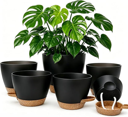 Plant Pots for Indoor 9/8/7/6.5/6/5 Inch, Self Watering Planter Pots with Drainage Holes and Saucers, 6Pcs Plastic Flower Pots for Indoor & Outdoor Plants（Black）