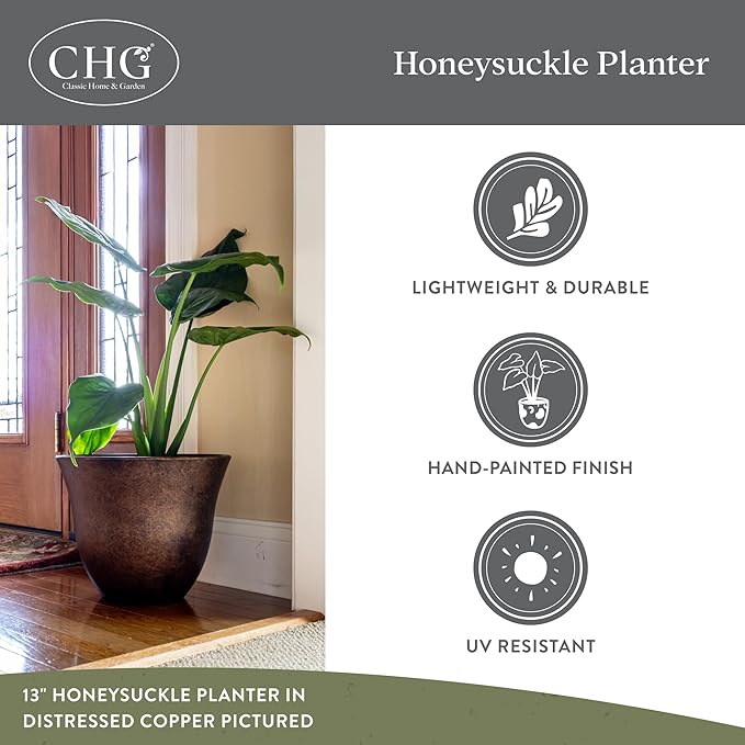 Honeysuckle Resin Planters - Lightweight Indoor & Outdoor Plant Pots - UV-Resistant Plastic Flower Pots - Pot Planters for Flowers & Herbs (13", Blue Jean) | Hand-Painted Finish Plant Pots, Lightweight Indoor Outdoor Planter, UV-Resistant, Great for Pa...